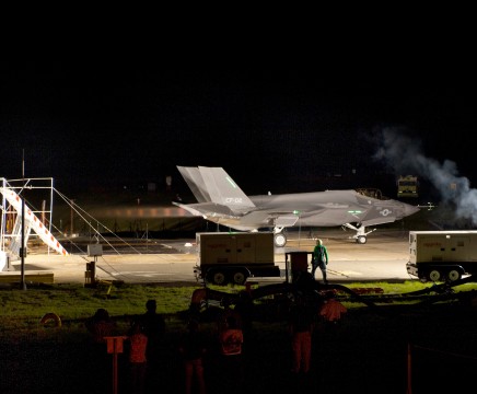 U.S. Navy photo of jet blast deflection testing of the Navy's variant of the Joint Strike Fighter.