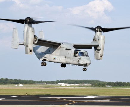 A U.S. Marine Corps MV-22 Osprey lifts off from Naval Air Station Patuxent River, during a successful biofuel test flight. The tilt-rotor aircraft flew at altitudes of up to 25,000 feet on a 50-50 blend of camelina based biofuel and standard petroleum based JP-5 fuel. (U.S. Navy photo)
