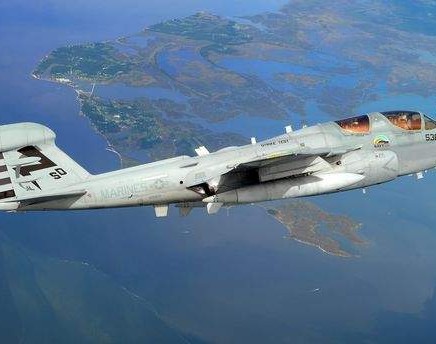 An EA-6B Prowler from the "Salty Dogs" of Air Test and Evaluation Squadron 23 (VX-23) flies over Southern Maryland on a biofuel blend of JP-5 aviation fuel and camelina oil.
