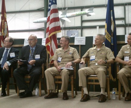 The USS Ford Integration Panel included, from the left, Keith Sanders, Bill Deligne, Rear Adm. Mark Darrah, Rear Adm. Matthew Klunder and Capt. Brad Kidwell.