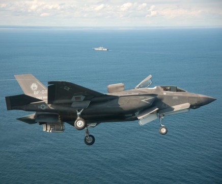 ATLANTIC OCEAN (Oct. 3, 2011) An F-35B Lightning II conducts initial sea trials over the Atlantic Ocean. The F-35B is the Marine Corps Joint Strike Force variant of the Joint Strike Fighter and is designed for short takeoff and vertical landing on Navy amphibious ships. The aircraft is operating with the amphibious assault ship USS Wasp (LHD 1). ( photo courtesy of Lockheed Martin)