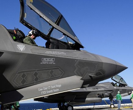 two Marine Corps variants of the F-35B Lighting II Joint Strike Fighter, are secured on the flight deck of the amphibious assault ship USS Wasp (LHD 1) during sea trials. The F-35B is capable of short takeoffs and vertical landings for use on amphibious ships or expeditionary airfields to provide air power to the Marine Air Ground Task Force. (U.S. Navy photo)