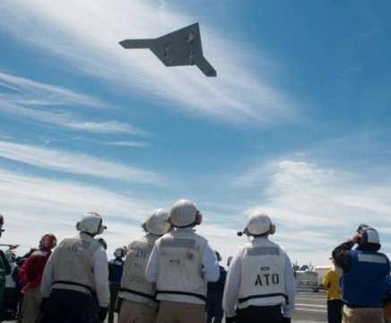 The X-47B after its first carrier flight Tuesday. Photo: Navy