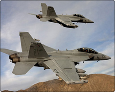 A pair of Boeing EA-18G Growlers, XE 573 166857 and XE 571 166855 of the VX-9 "Vampires" bank over the desert.