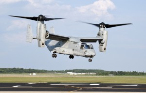 A U.S. Marine Corps MV-22 Osprey lifts off from Naval Air Station Patuxent River, during a successful biofuel test flight. The tilt-rotor aircraft flew at altitudes of up to 25,000 feet on a 50-50 blend of camelina based biofuel and standard petroleum based JP-5 fuel. (U.S. Navy photo)