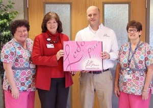 Cole Western, owner of the Ledo Pizza in Leonardtown, Md., presented the check to hospital Vice President, Nursing MaryLou Watson (center); CCIS Patient Navigator Cathy Fenwick; and CCIS Director Joan Popielski.