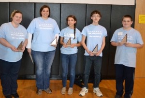 Second place team:  Milton Somers Middle School, Charles County Coach Jessica Stiver, head coach Jennifer Craigmile, Elizabeth Saoud, Ethan Walker, and Michael Gill. Not pictured, Sydney Marohn-Johnson. 