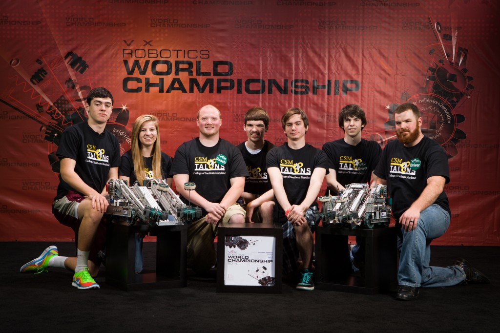 College of Southern Maryland’s robotics team, the Talons, from left, Jacob Brezina of Swan Point, Emily Subocz of Waldorf, Jonathan Frank of Indian Head, John Hamel of Mechanicsville, David Farrell of La Plata, Cody Graham of Great Mills and Mark McClosky of Owings, competed in the Vex Robotics World Championship in Anaheim, Calif.