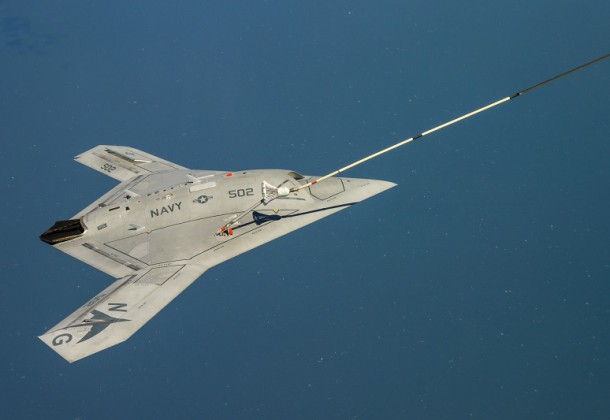 150422-N-CE233-377 PATUXENT RIVER, Md. (April 22, 2015) The Navy's unmanned X-47B receives fuel from an Omega K-707 tanker while operating in the Atlantic Test Ranges over the Chesapeake Bay. This test marked the first time an unmanned aircraft refueled in flight. (U.S. Navy photo/Released)